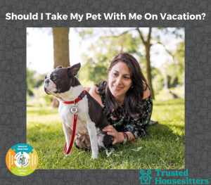 young woman laying on grass next to a boston terrier wearing a collar and PetHub tag
